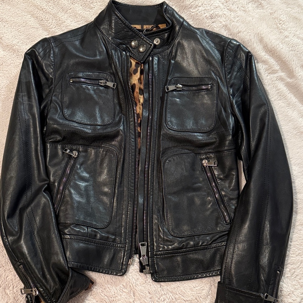 Dolce & Gabbana Black Leather Jacket with Leopard print silk lining.